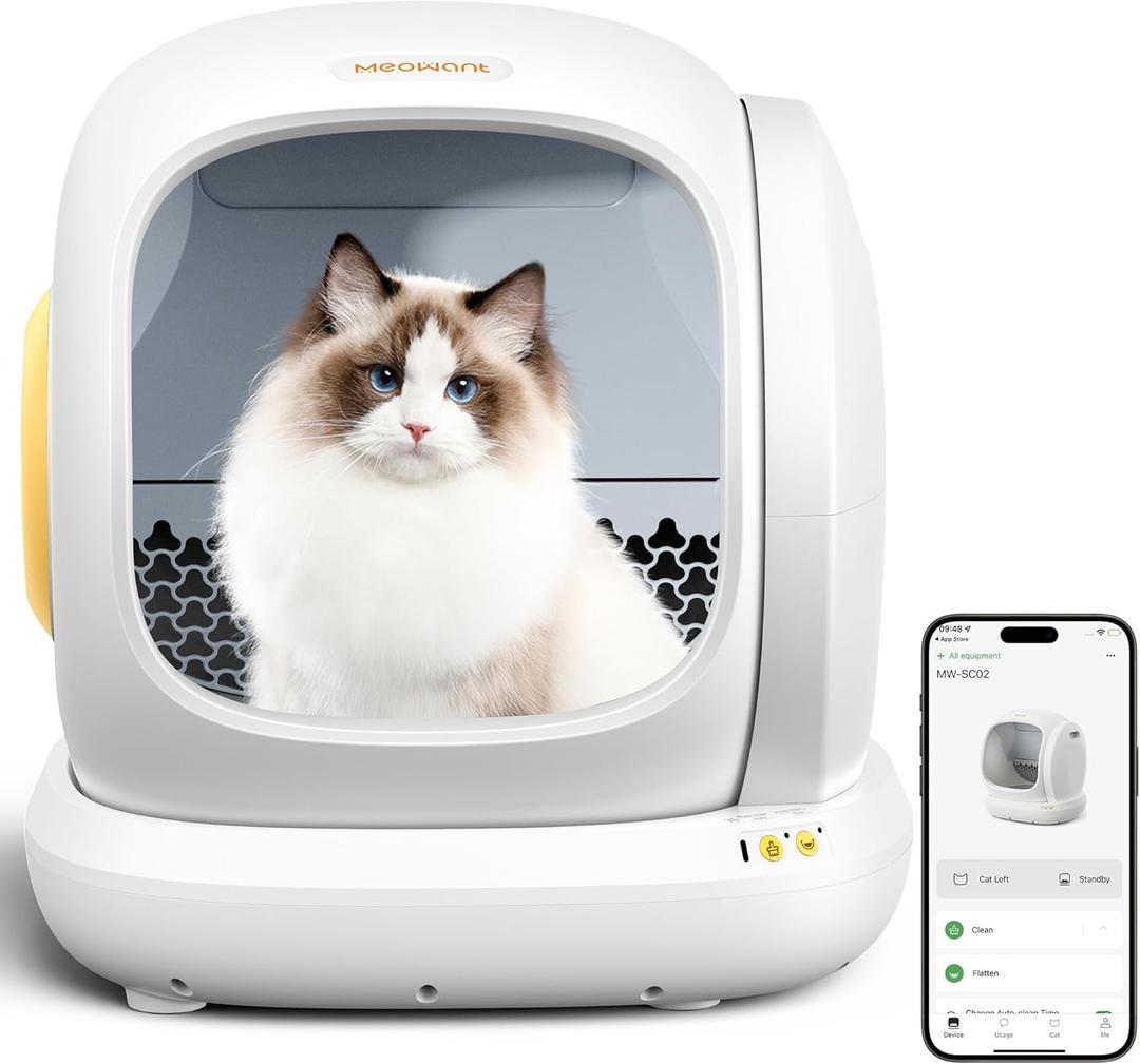 MeoWant Self-Cleaning Cat Litter Box, 75L Extra Large Open Automatic Cat Litter Box for Multi Cats, Integrated Safety Protection/APP Control/Odor Removal Smart Litter Box with Mat & Liner, white (Gray)