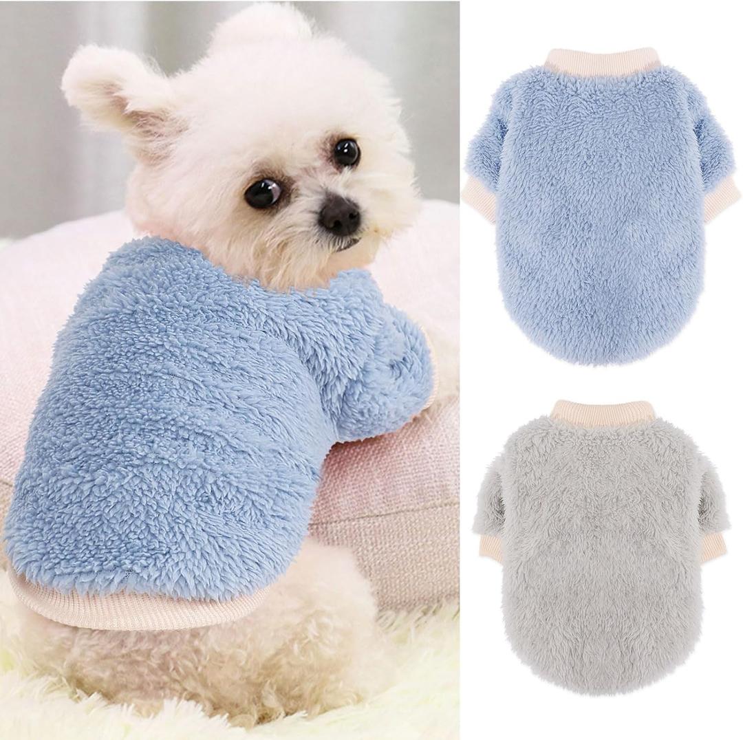 2 Pieces Dog Sweater for Small Dogs Winter Warm Puppy Sweater Fleece Cute Dog Clothes for Dogs Like Chihuahua Yorkie Thick Pet Clothing (Light Grey, Blue, Small)