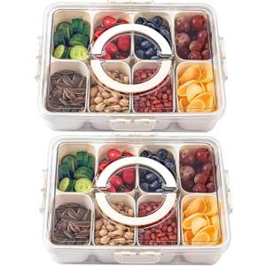 shopwithgreen 2Pcs Divided Serving Tray with Lid and Handle, Portable Snackle Box Snack Containers for Charcuterie, Party, Veggies, Snack, Fruit, Nuts, Candy, Chip, Entertaining, Picnic (8 Compartments-2pcs, White)