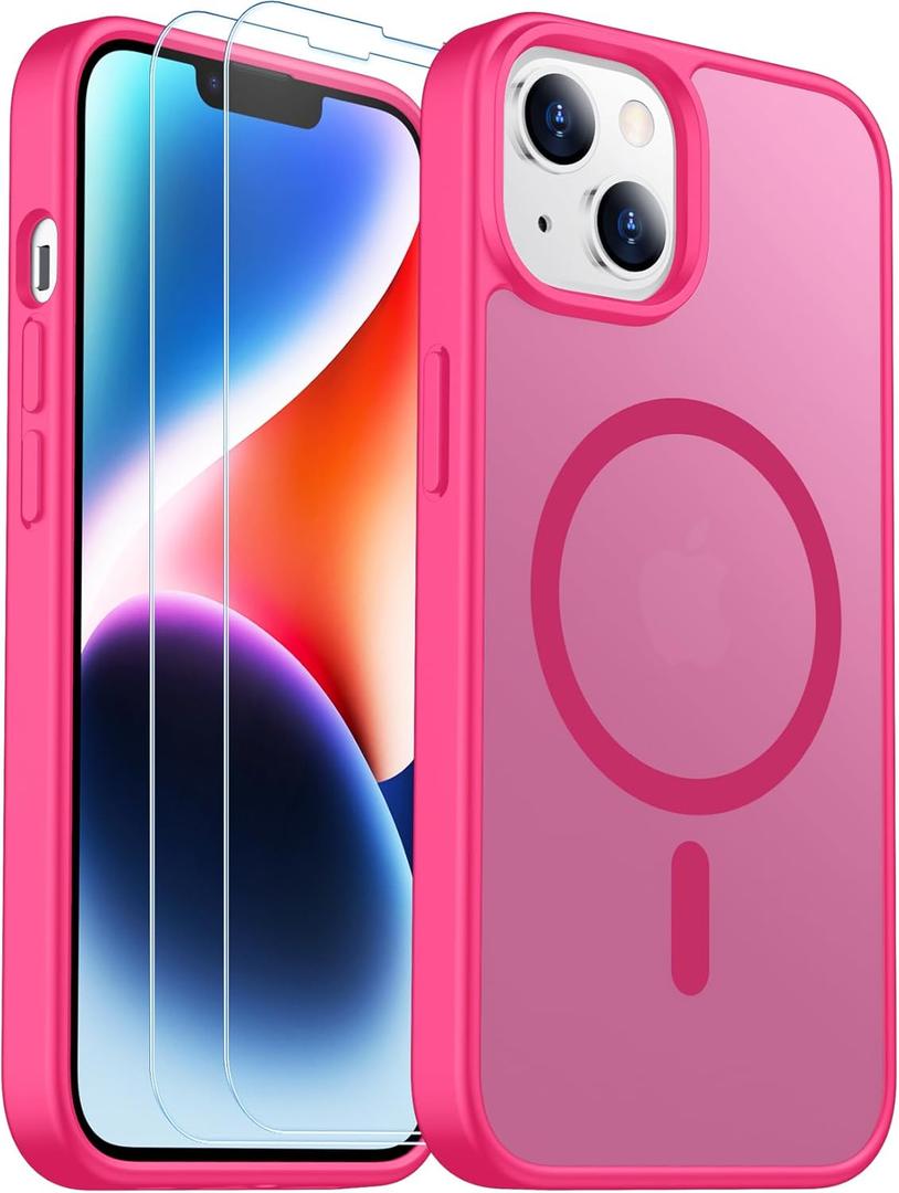 2 x SPIDERCASE for iPhone 13 Case for iPhone 14 Case, Magnetic Translucent [2 Pack Tempered Glass Screen Protector] Anti-Fingerprint Anti-Scratch for iPhone 14/13 6.1, Hot Pink
