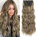 Reecho Clip in Synthetic Highlight Hair Extensions Long Wavy 4PCS Thick Hairpieces Medium Brown Ash Blonde Fiber Double Weft Natural 24 Inch for Women