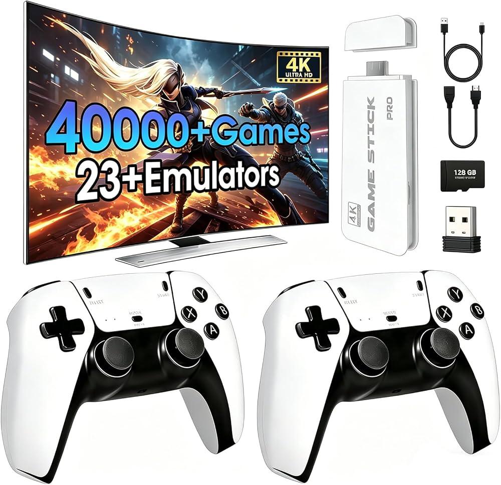 2026 New Wireless Retro Game Console, 23 Emulators and 40000+Games, with Dual 2.4G Wireless Controllers Plug and Play 4K HDMI TV Game Stick (128G) White