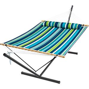 SUPERJARE Hammock with Stand, 2 Person Quilted Outdoor Hammock, Detachable Pillow & Bamboo Spreaders, Portable Hammock with Carrying Bag, Heavy Duty Stand, Perfect for Outside, Patio, Dark Cyan