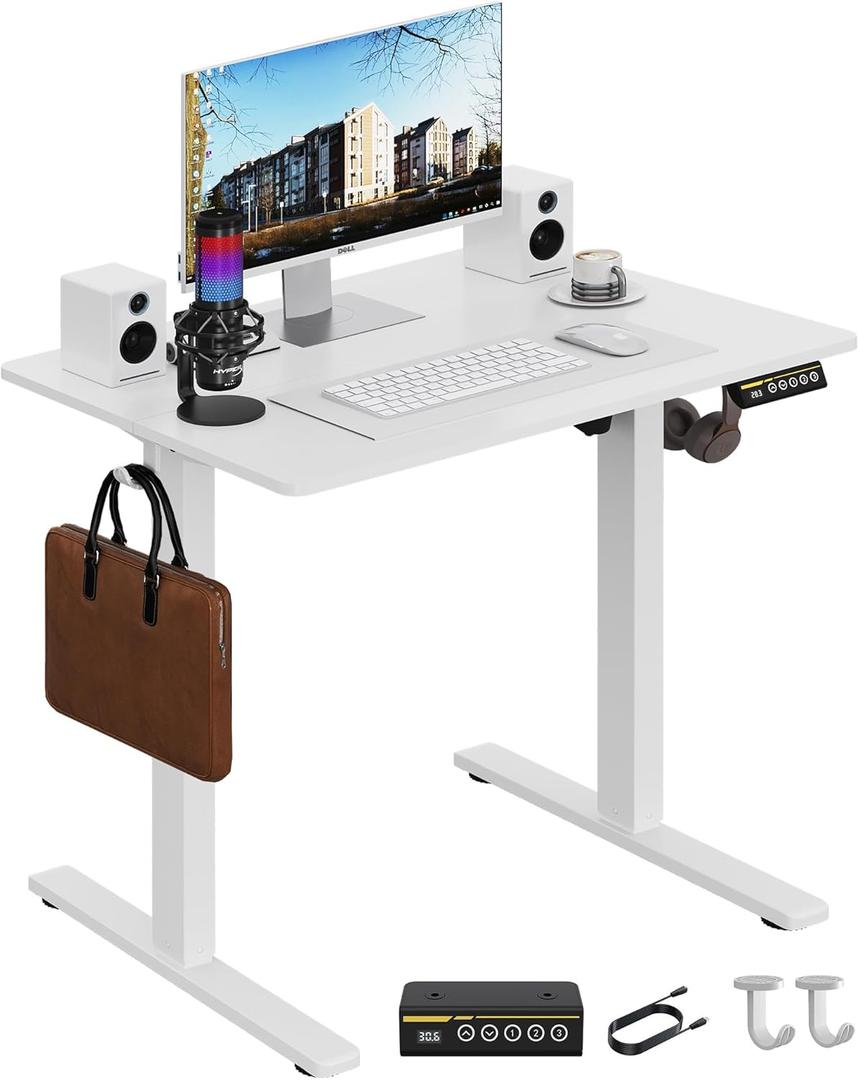 Electric Standing Desk,32x24 Inches Adjustable Height Stand up Desk, Sit Stand Home Office Desk with Splice Board, 3 Preset Heights,Equipped with Hooks,Ergonomic Computer Desk WorkstationWhite