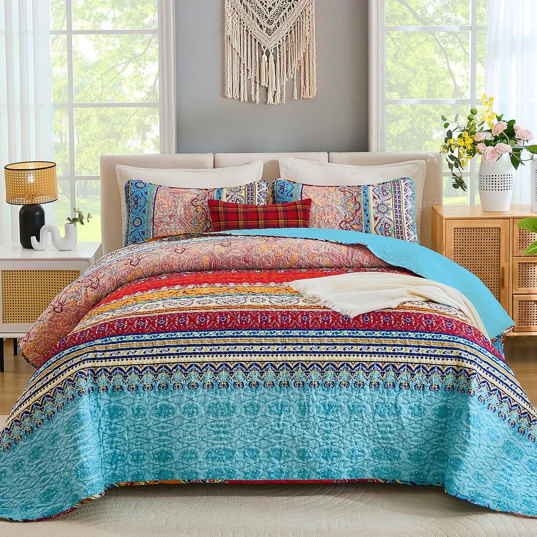 WONGS BEDDING Bohemian Quilt Set King Size, Boho Striped Printed Quilts Bedspread Set for All Seasons, Lightweight Microfiber Coverlet Bedding Set with 2 Pillowcases 104"x90" (3 Pieces, Colorful) (Blue Red)