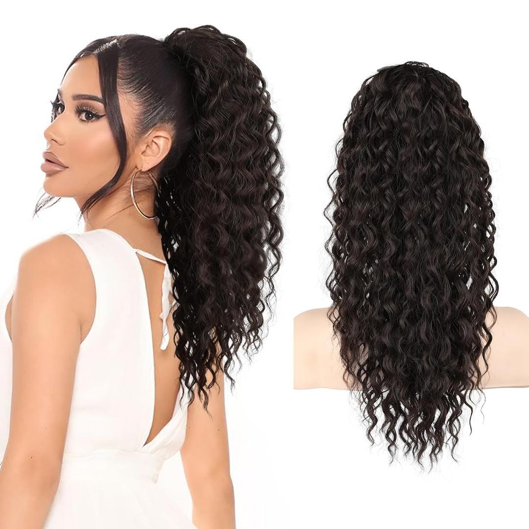 SEIKEA Ponytail Extension, PT005 Isabella 18" Long Bohemian Curly Drawstring Ponytail Light Fluffy Multi Layered Clip in Hair Extensions Ponytail Natural Soft Synthetic Hairpiece Black Brown