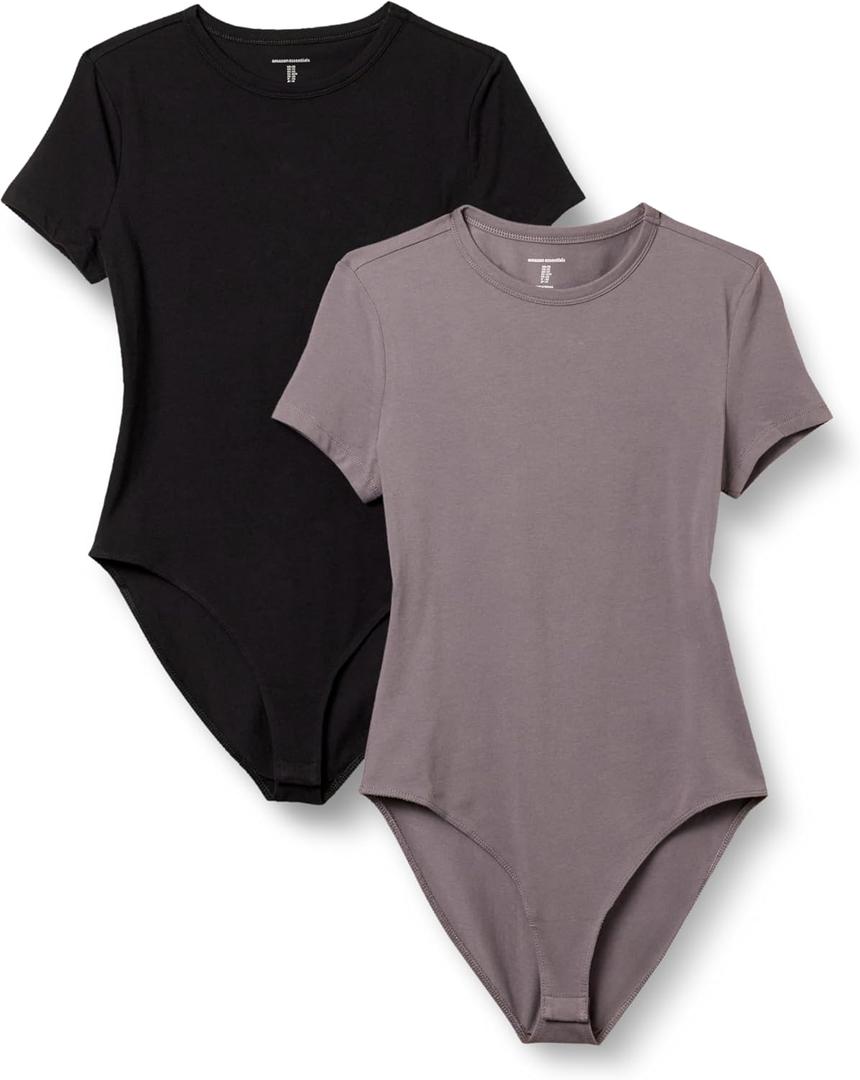 Amazon Essentials Women's Stretch Cotton Jersey Slim-Fit T-Shirt Bodysuit, Pack of 2 (Black/Grey) S