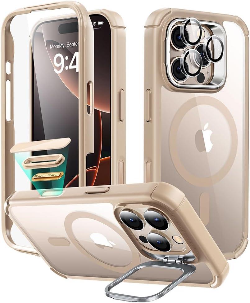 ESR for iPhone 16 Pro Case with Stand, Camera Control Button Compatible with MagSafe, Full-Body Military-Grade Drop Proof Case with Built-in 9H+ Tempered Glass Screen Protector, Clear Gold