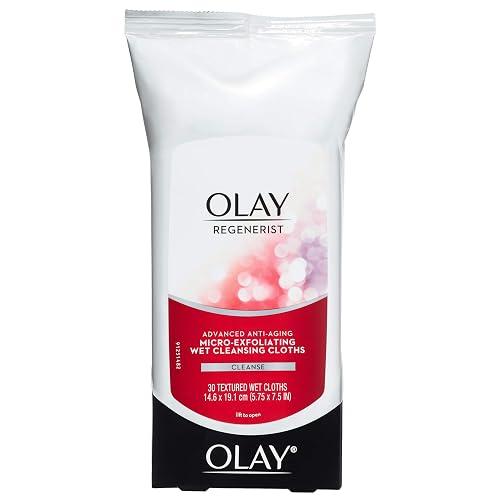 Olay Makeup Remover Wipes, Regenerist MicroExfoliating Wet Cleansing Cloths, Facial Cleanser for Women Exfoliates, Refreshes, Smooths Texture, Travel Approved, 30 