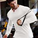 JMIERR Mens Muscle Slim Henley Shirt Button V-Neck Long Sleeve Gym Workout Athletic T Shirts (White, XXL)