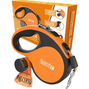 Mighty Paw Retractable Leash with Built-in Poop Bag Holder | 16' Long Retractable Dog Leash for Small Dogs, Medium Breeds & Large Pets with Tape for Quick Control. Poop Bags Included (0 - 50 lbs, Deluxe Orange)