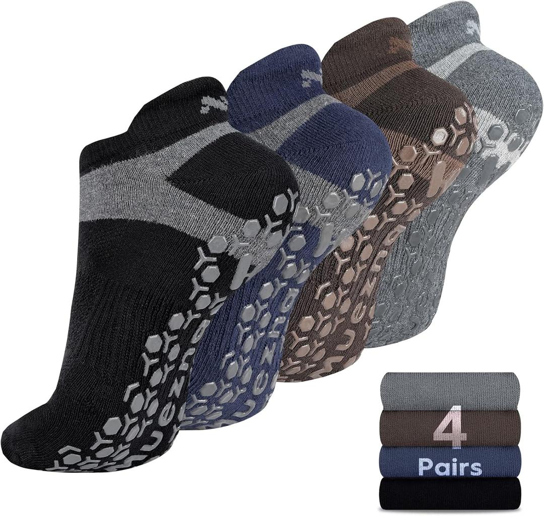 Muezna Men's Non-Slip Yoga Socks, Anti-Skid Pilates, Barre, Bikram Fitness Hospital Slipper Socks with Grips (9-11, Black+coffee+navy+grey - 4 Pairs)