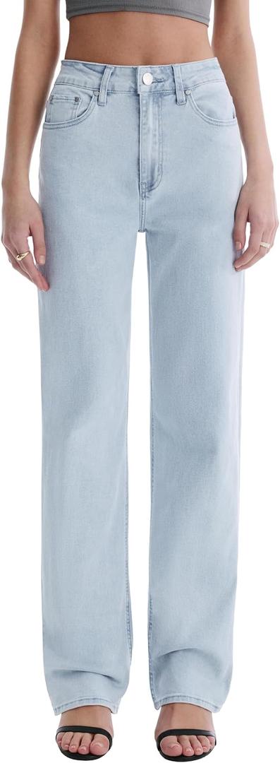 Women’s Jeans High Waisted Straight Leg Stretchy Jeans Trendy Wide Leg Casual Fit Denim Pants (Blue, M)