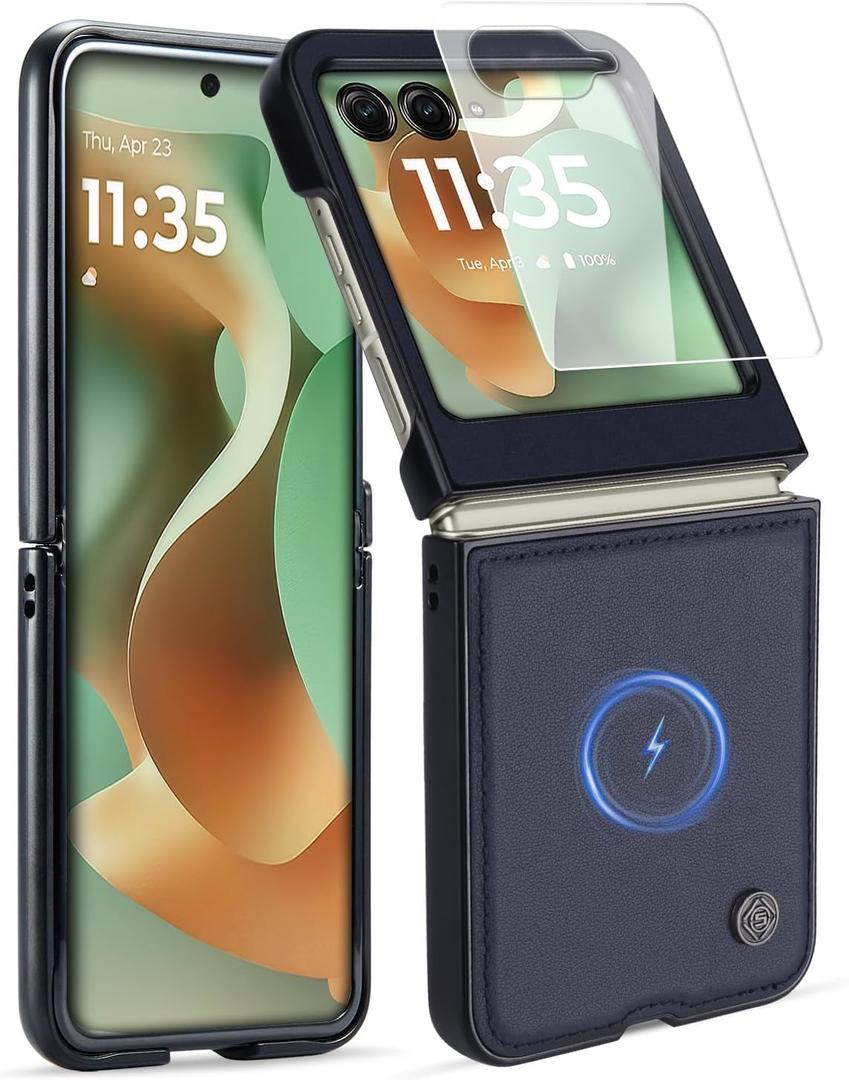 Genuine Leather Folio Magnetic Case for Motorola Razr 2025 Ultra [Compatible with MagSafe],Built-in Screen Protector and Thin Slim Protective Case Cover Blue