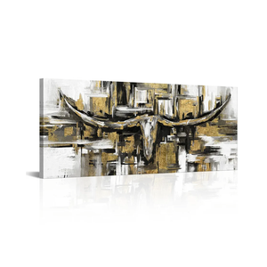 LevvArts Large Size Longhorn Cow Canvas Wall Art Abstract Western Cattle Portrait Painting Black and Gold Grey Artwork for Man Cave Home Office Decor 20"x48" (Gold)