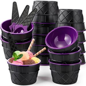 Meanplan 24 Set Halloween Ice Cream Bowls and Spoons 6 oz Witch Plastic Reusable Ice Cream Bowls Black Purple Waffle Cone Shaped Cups for Dessert Sundae Frozen Yogurt Trick or Treat Party Supplies