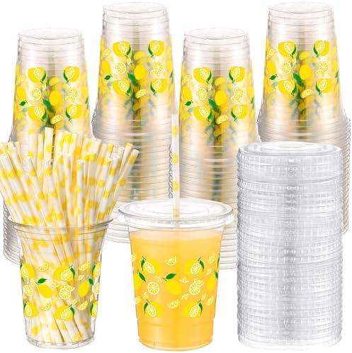 25 Sets of Yungyan Plastic Cups and 26 Straws for Lemon Party (16oz) for Drinking Coffee, Juice, and Drinks, and Suitable for Baby Shower or Birthday Party