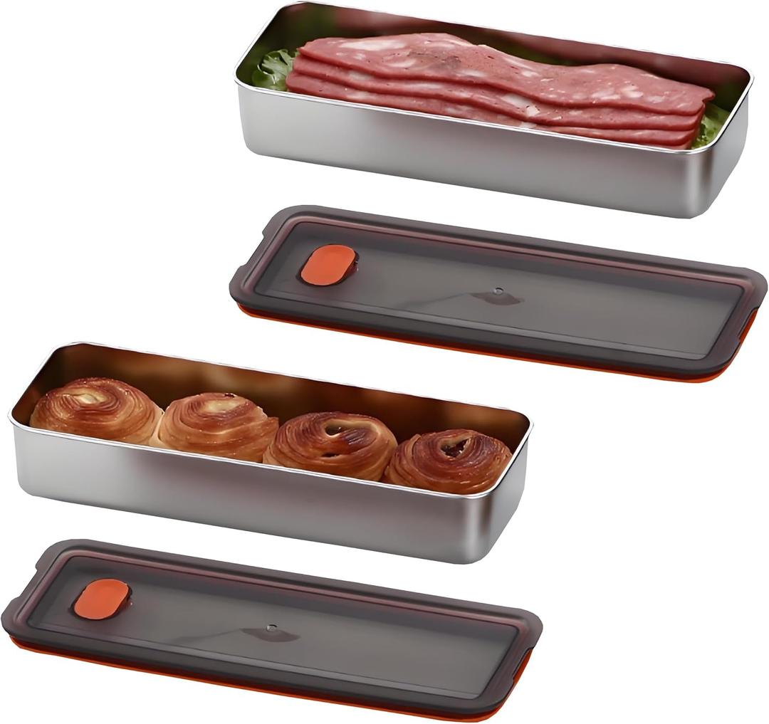 2Pack Food Storage Container,Deli Meat Container with Lid,Bacon Container for Refrigerator,304 Stainless Steel Bacon Storager,Cheese Holder for Fridge,Dishwasher Safe Fruit Storage Containers