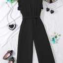 WDIRARA Girl's Ruffle Trim Wrap V Neck Cap Sleeve Cute Jumpsuit Belted Wide Leg Pants 11Y