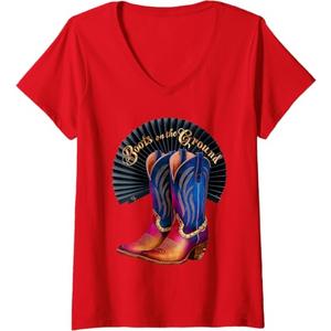 Womens Retro Western Cowgirl Cowboy Linedance Boots On the Ground V-Neck T-Shirt XL
