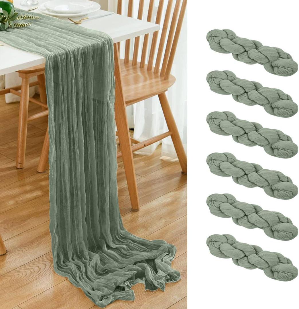 6 Pack Sage Green Cheesecloth Table Runner 21x120 Inch Boho Wrinkled Sheer Romantic Gauze Decor for Wedding, Bridal Shower, Birthday Party