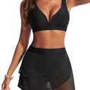 Hanna Nikole Womens High Waisted Bikini Sets, Modest Tummy Control Swimsuits, 2 Piece Bathing Suits Mesh Swim Skirt (Black)