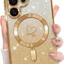 Bonoma Compatible with Samsung Galaxy S25 Ultra Case Support for MagSafe, Plating Heart Glitter Magnetic Case TPU Camera Protection Back Cover for Phone Case -Gold