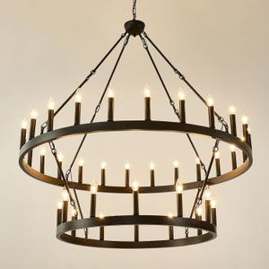 HHR 2 Tier Wagon Wheel Chandelier 36-Light 48 Inch, Extra Large Black Round Rustic Candle Farmhouse Pendant Light Fixture for High Ceilings, Dining Room Living Room Kitchen Island Foyer Entryway