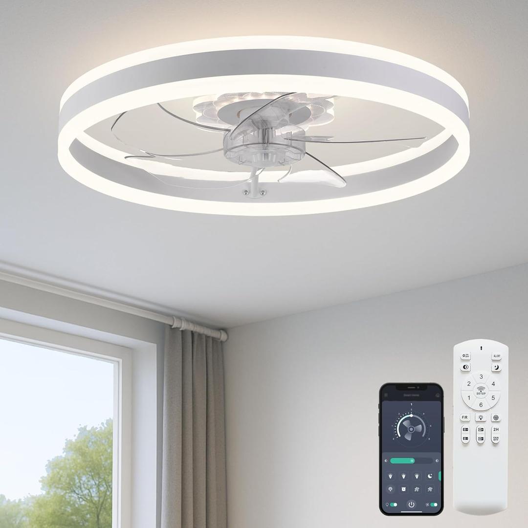 Ceiling Fan with Light, Upgraded 20 Low Profile Fan, Flush Mount Ceiling Fan, 6 Speeds, Dimmable LED, App & Remote Control, Quiet DC Motor, for Bedroom, Living Room, F105 White