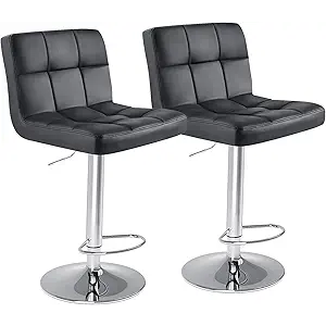 DUMOS Bar Stools Set of 2, Armless Adjustable Swivel Barstools, PU Leather Hydraulic Kitchen Counter Height Bar Stools, Thickened Seat Cushion Square Island Barstools with Back, Inky