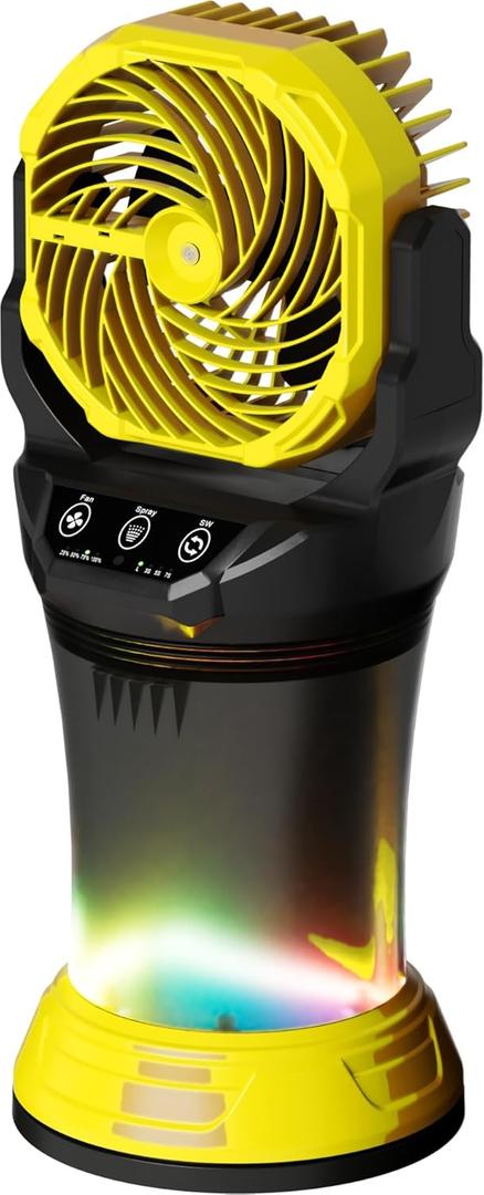 Wilody Misting Fan Portable Battery Powered with Remote Control, Camping Fan with RGB Ambient Light with 2L Bucket, Battery Indicator, 120 Auto Oscillating, Timing Function, Grip Handle(Yellow)