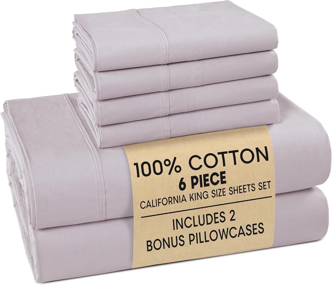 Casa Platino 100% Cotton Cal King Size Sheets  Crisp Percale Sheets Cal King with 4 Pillowcases, with 15" Deep Pocket Sheet for Secure Fit, Ultra Soft & Cozy, Excellent Quality & Fit  Grey Lavender