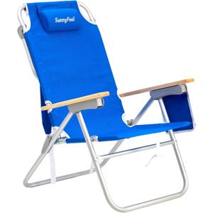 SUNNYFEEL Tall Beach Chair, Reclining Beach Chair with 5-Position, Portable Camping Chair for Adults with Wood Armrest, Lightweight Camping Chair 300 lbs Heavy Duty, Blue, Medium back