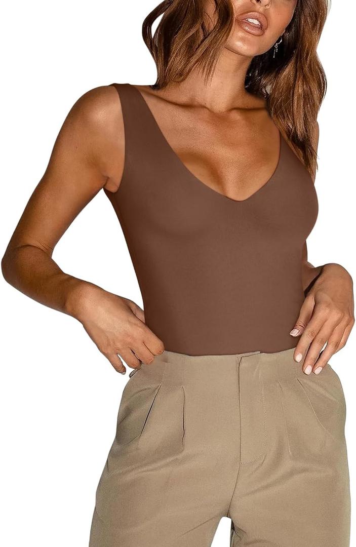 REORIA Butsmooth Womens Trendy Sexy Plunge Deep V Neck Sleeveless V Backless Going Out Tank Bodysuits Tops (Medium, Coffee)