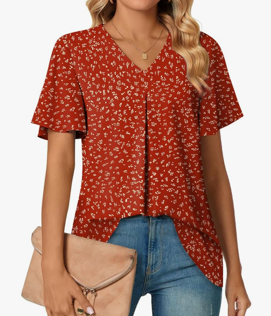 Anyally Womens Summer Dressy Chiffon Blouses V Neck 2025 Short Sleeve Tunic Tops for Leggings Casual T-Shirts 2XL