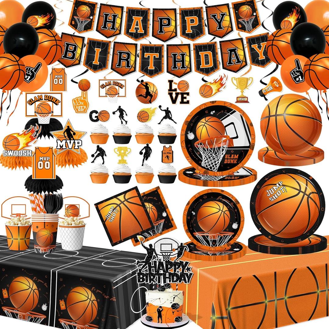 Basketball Party Decorations, 214Pcs Basketball Birthday Party Decorations Includes Plates,Napkins,Cups,Tablecloth,Banner,Hanging Swirls,Honeycomb,Balloons,Cake Topper for Sports Birthday Decorations