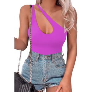 SAUNGKUAI Women's Sexy One Shoulder Sleeveless Cutout Thong Bodysuit Tank Top Body Suits Backless Asymmetrical Going Out Tops, S