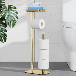 Gold Toilet Paper Stand Holder with Shelf, Marble Design Base Free Standing Toilet Paper Roll Holder with 2 Dispenser SUS 304 Stainless Steel Reserve, Storage 5 Rolls