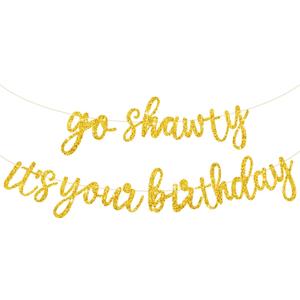 BEISHIDA Gold Go Shawty It's Your Birthday Banner - 11.4Feet,NO DIY - Hip Hop Theme Glitter Happy Birthday Banner - Pre-Strung - Gold Rap Theme Happy Birthday Sign for Man Women birthday Party Supply