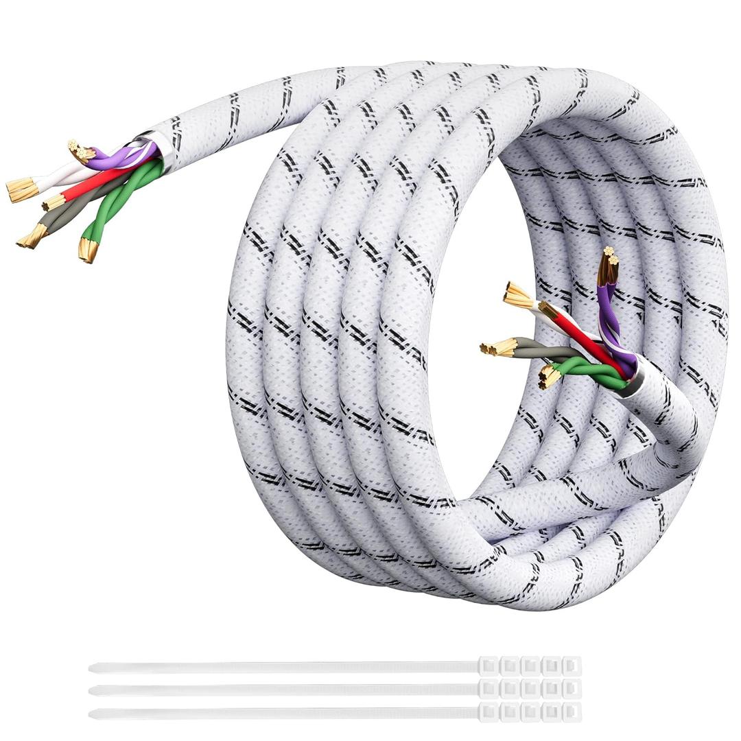 Elecan 18 AWG 9-Conductor Speaker Wire Cable 25 Ft White, 4-Channel Shielded Twisted Pair Stranded Copper Primary Low Voltage Remote Speed Wire,Ultra-Flex&Braided for Trailer Car Marine Audio+15 Ties