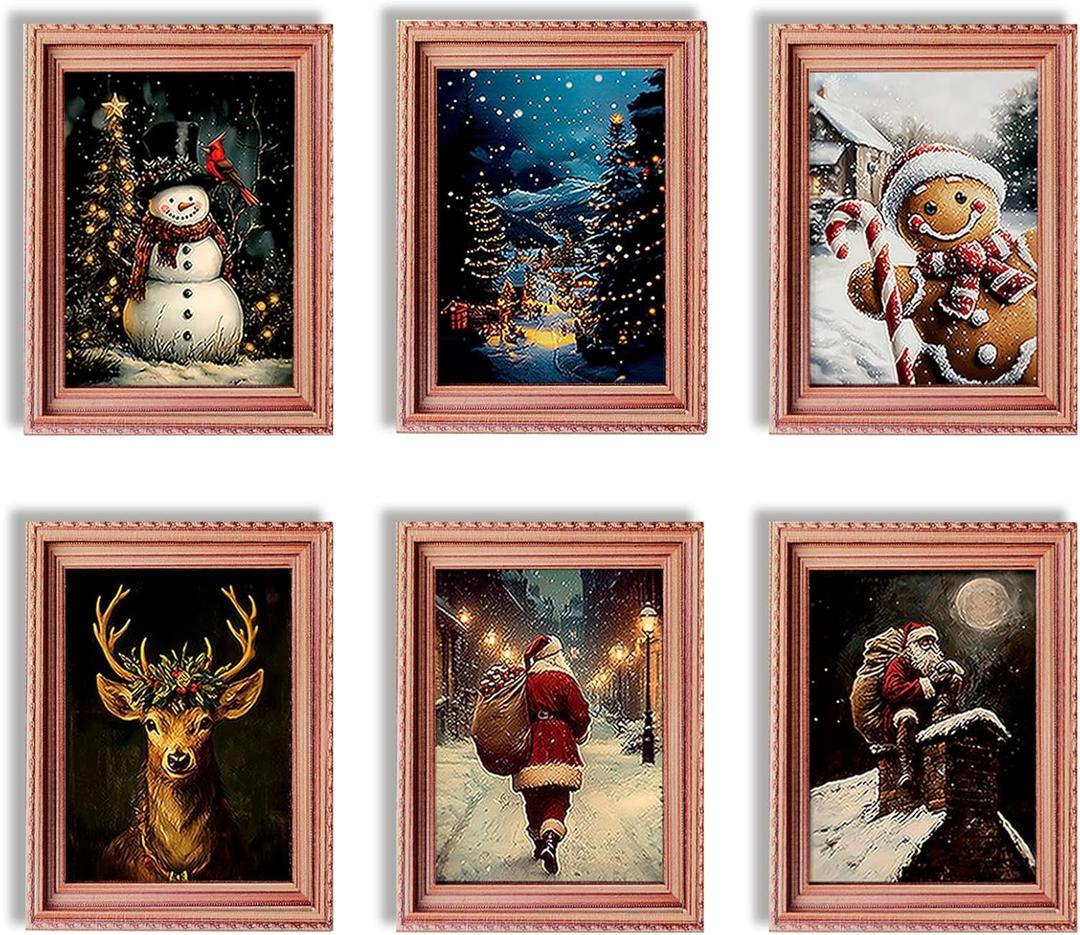 6PCS Christmas Fridge Magnet Cute Elk with Santa Claus Wood Magnets Art Frame Designs Decorations for Refrigerator Garage Door or Car Removable Indoor Outdoor Magnetic Decals