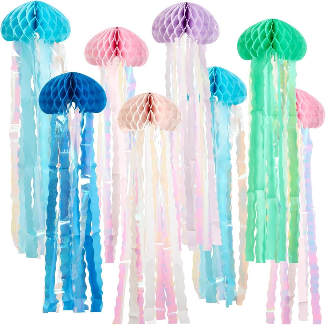 OBBOLO Under the Sea Party Decorations, 8 Pcs Jellyfish Honeycomb Decorations, for Mermaid Birthday Decorations, Blue Pink Purple Paper Hanging Jellyfish Decorations for Ocean Themed Birthday Party