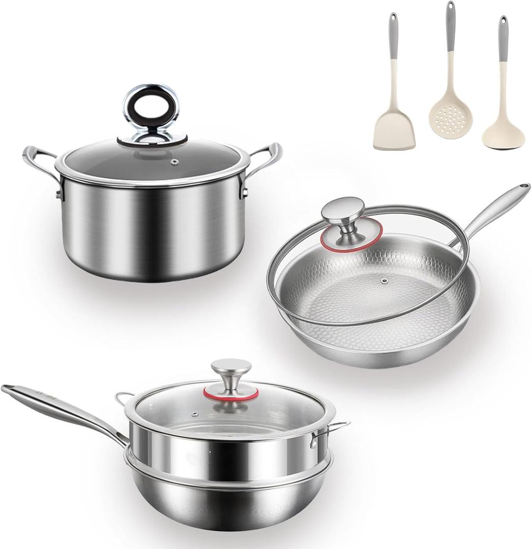 Titanium Pans set for Cooking, Titanium Frying Pan & Titanium Soup Pot And Titanium Wok with Steamer, Non-Toxic Titanium Hammered Pro skillet, PFAS/PFOA/PTFE Free Cookware, Dishwasher&Oven Safe, One Size
