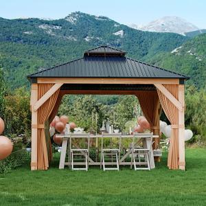 GarveeLife Hardtop Wood Gazebo for All Weather, with Double Metal Roof, Heavy Duty Wooden Frame, Net, and Curtain, Permanent Building for Patio, Deck, Backyard, Lawn, and Garden, Gray  15.7*11.8ft