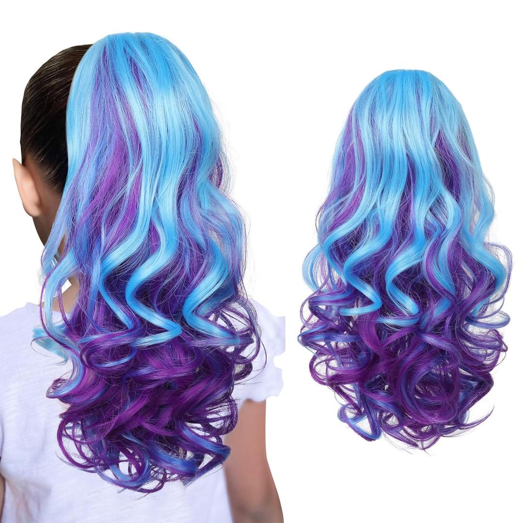 SEIKEA Ponytail Extension, 18" Lightweight Wavy Curly Clip in Pony Tails, Colored Hair Extensions for Kids, Crazy Hair Day Accessories for Girls Synthetic Hairpiece Blue Purple