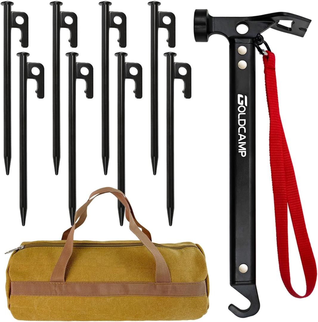GOLDCAMP 8 Pack Heavy Duty Tent Stakes and Hammer with Canvas Storage Bag, 8in Duty Metal Tent pegs Ground Anchor for CampingOutdoorHikingDurable Combination