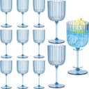 12 PCS Plastic Ribbed Wine Glasses 11oz Blue Detachable Wine Goblet Unbreakable Vintage Ripple Water Goblets Cocktail Drinking Cups for Parties Weddings Poolside Outdoors
