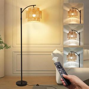 Vinaco Adjustable Height Floor Lamp Rattan 3 Color Temperature,Dimmable Tall Boho Floor Lamps with Remote & Foot Switch, Rotating Lamp Shade Wicker Arc Standing Lamp for Living Room Bedroom Lights