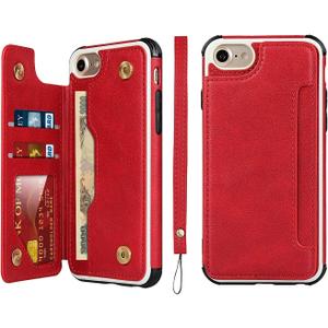 iCoverCase Compatible with iPhone SE(2022)/SE(2020)/7/8/6/6s Wallet Case with Card Slots Holder and Wrist Strap Premium PU Leather Kickstand Magnetic Clasp Shockproof Flip Cover Case (Red)