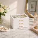 GUOER Jewelry Box for Women, Glass Lid Jewelry Organizer with 3 Drawers PU Jewelry Storage Case for Necklaces Rings Earrings Bracelets, Mother's Day, White